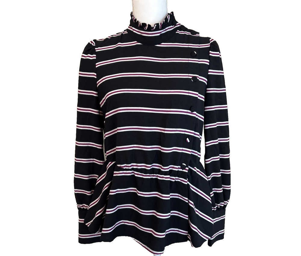Who What Wear Black & Purple Striped Blouse w/Gathered Peplum Waist, Size S